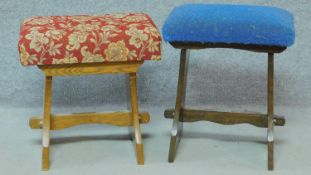 An oak stool together with a similar mahogany example. H.50 W.42 D.29cm