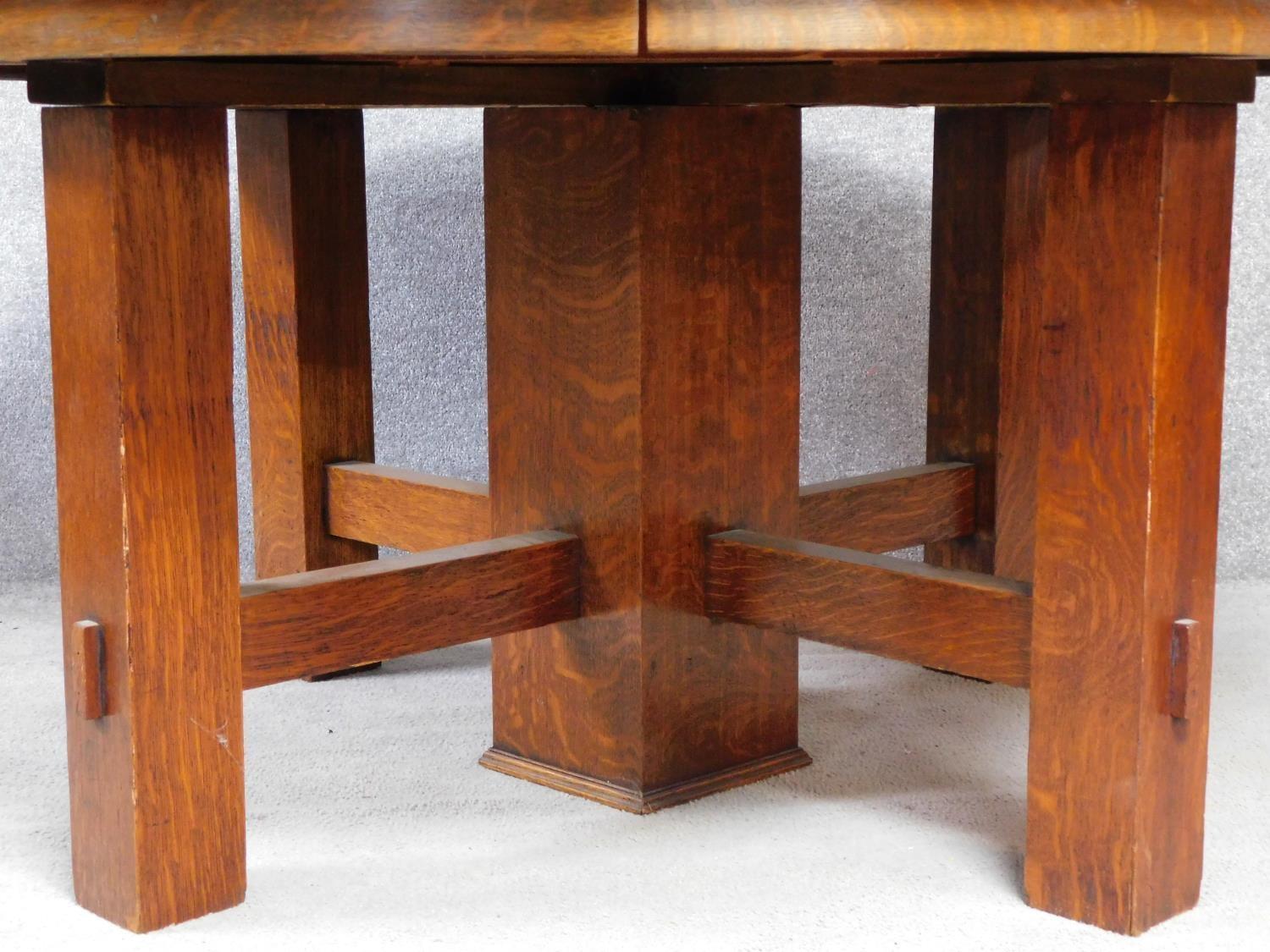 An American Arts and Crafts Mission style oak extending table with four extra leaves. H.72 W.249 D. - Image 4 of 7