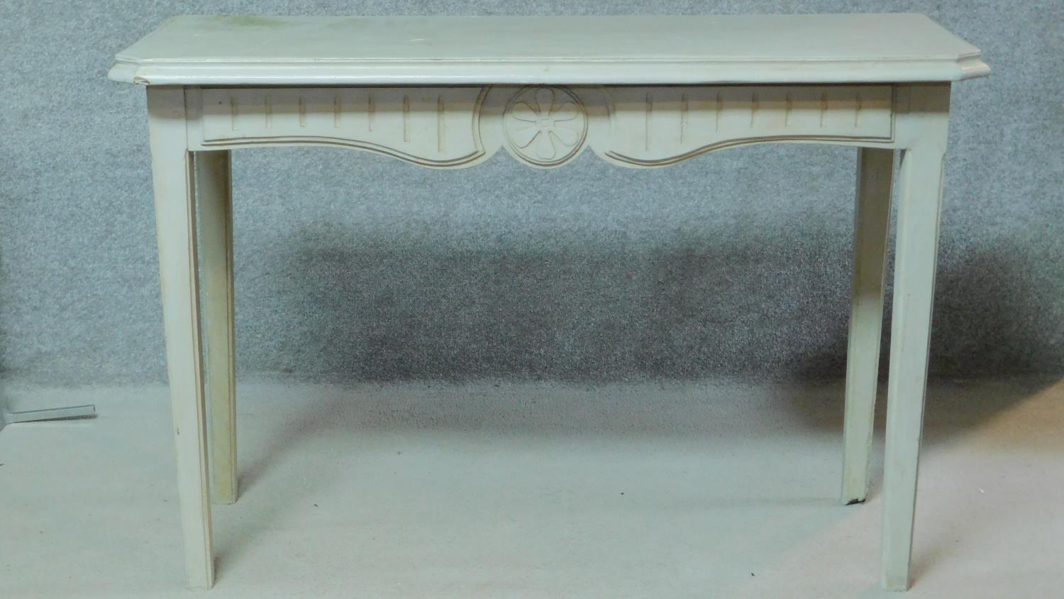 A painted pine console table fitted frieze drawers on square tapering supports. H.85 W.127 D.54cm - Image 5 of 6