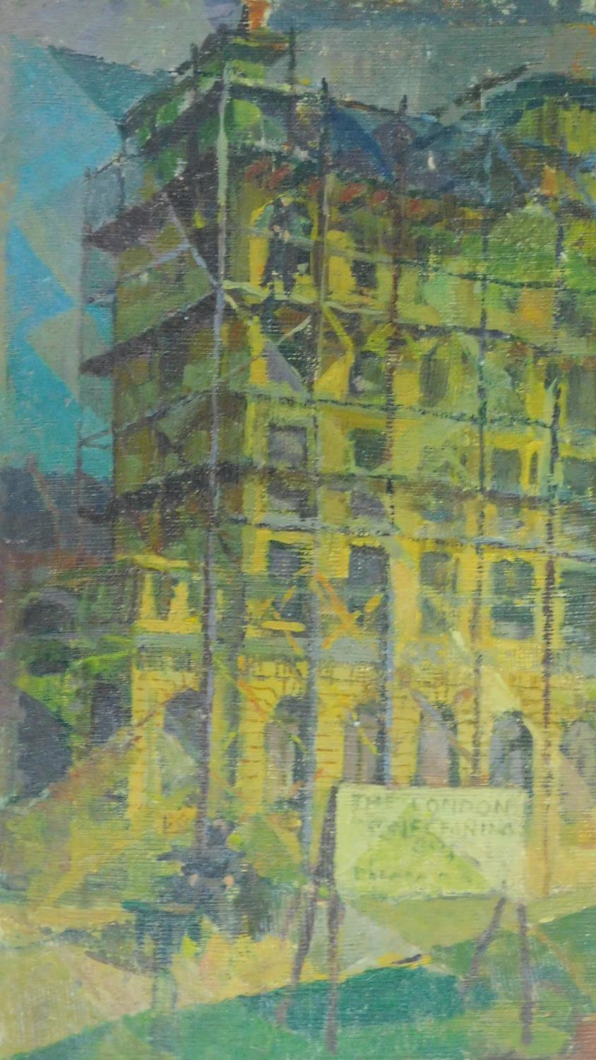 Basil Nubel (British, 1923-1981) Oil on board, building behind scaffolding, signed to verso. 37x27cm
