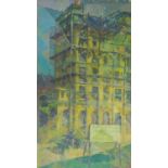 Basil Nubel (British, 1923-1981) Oil on board, building behind scaffolding, signed to verso. 37x27cm