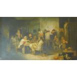 An early 19th century oak framed oil on canvas, tavern gathering, unsigned. 79x63cm