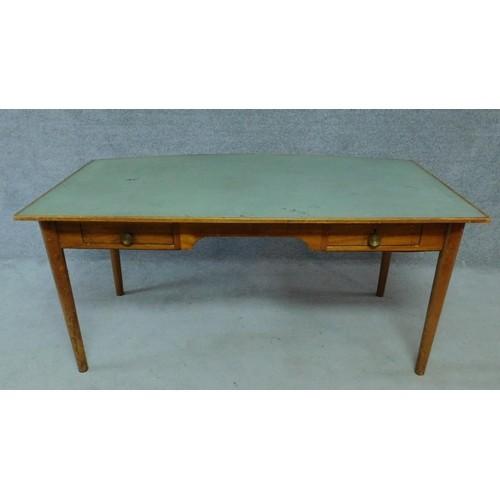 A mid 20th century teak writing table fitted inset tooled pale green leather top with two frieze - Image 2 of 6