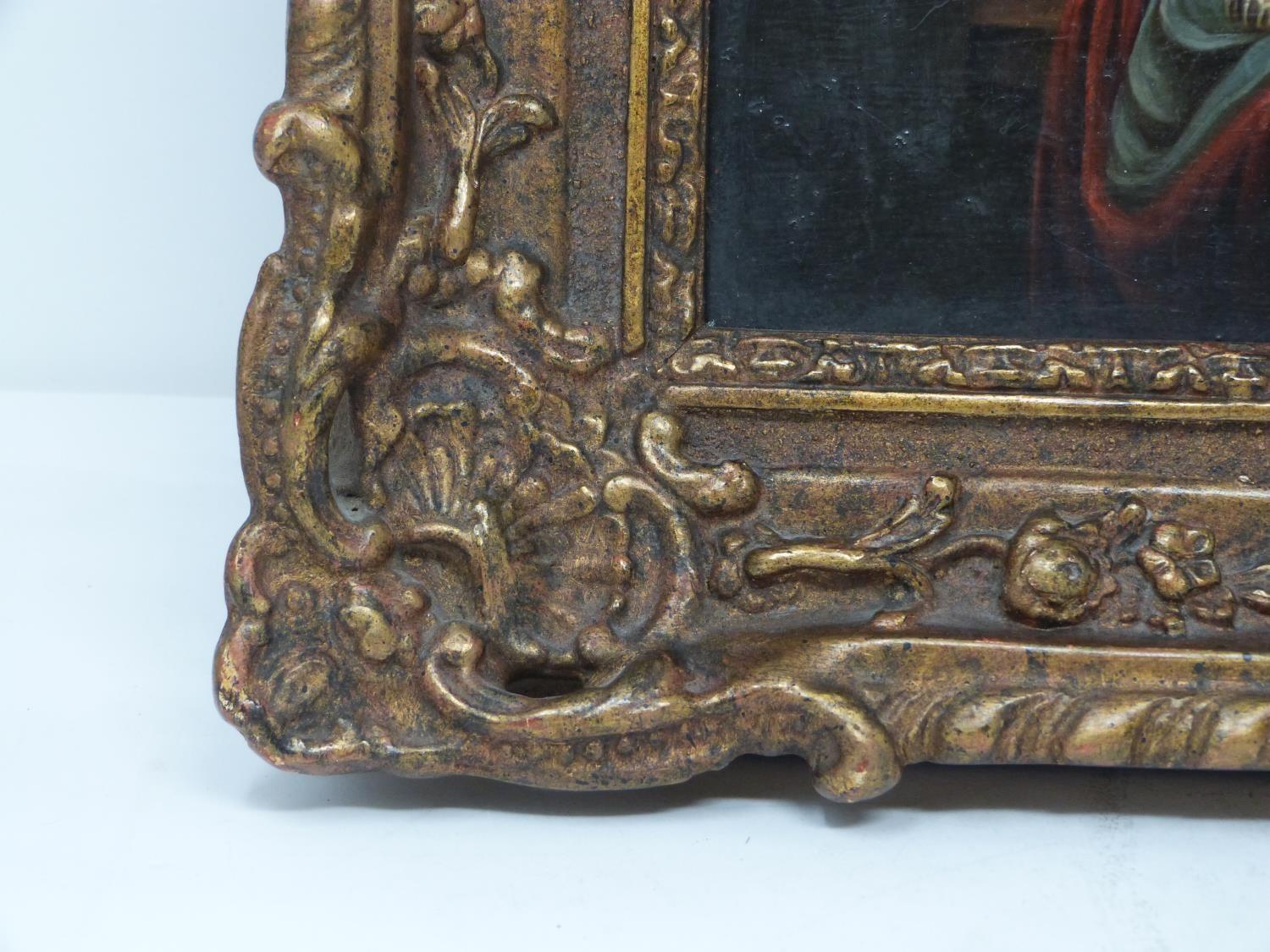 A pair of 19th century carved gilt wood framed Continental School oils on panel of a young couple in - Image 4 of 9