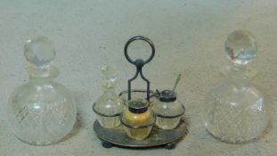 A collection of cut glass items. Including two antique diamond cut crystal perfume bottles with