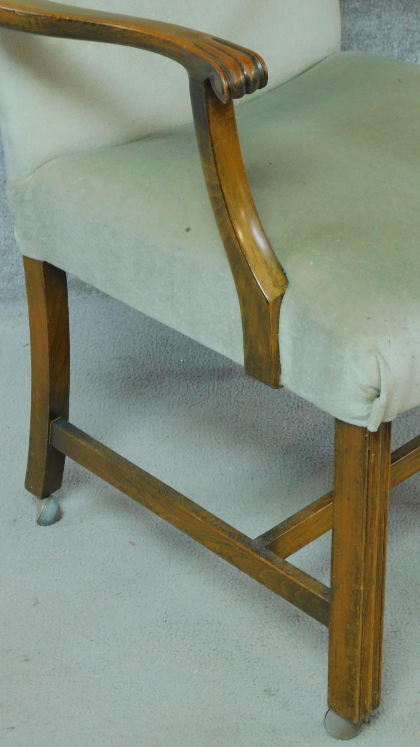 A mid 20th century Georgian style beech framed armchair in jade upholstery on square stretchered - Image 3 of 4