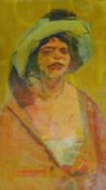 An oil on board, man in a robe and hat, gallery label verso, signed R. Jewell. 36x26cm