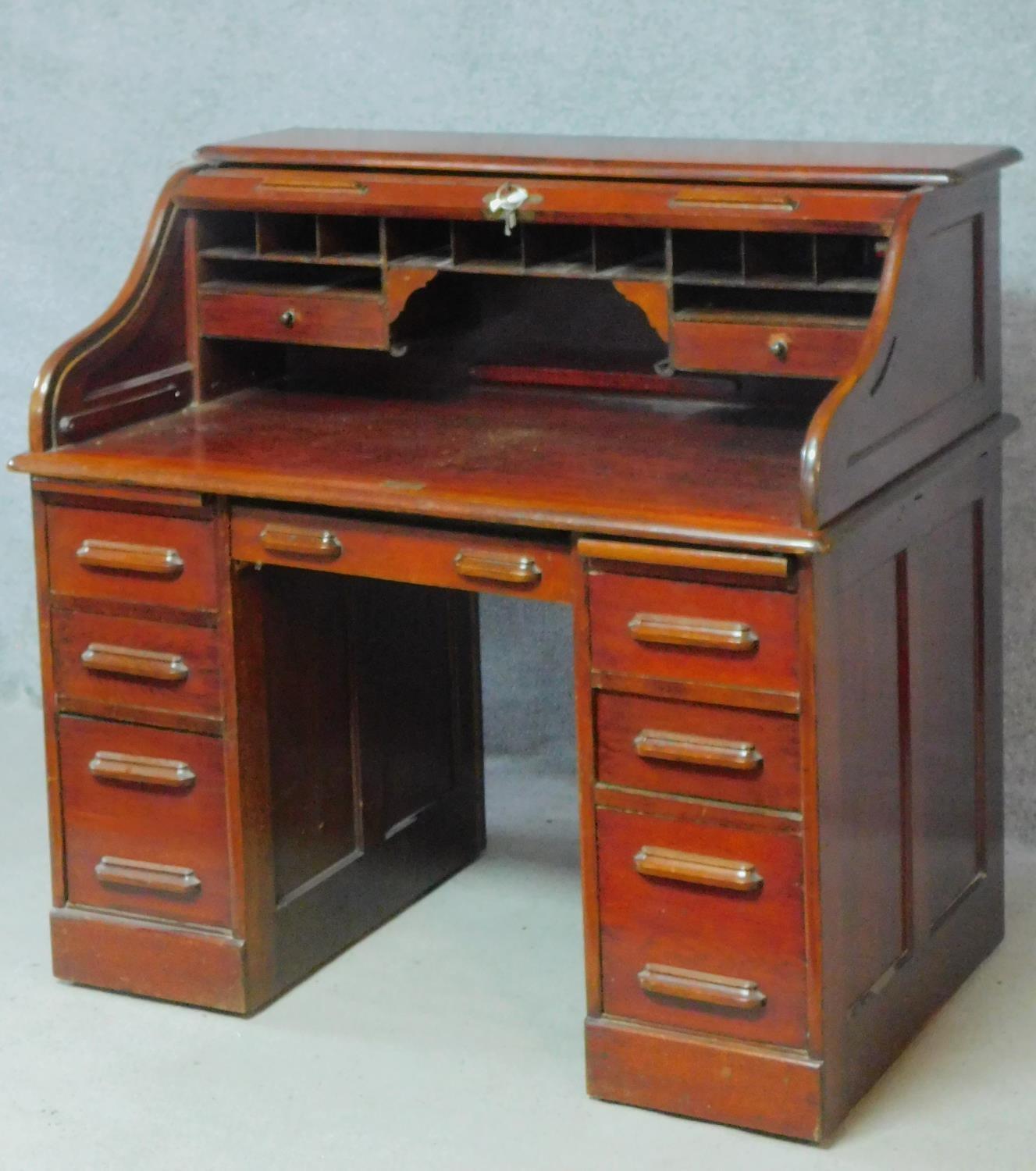 A late 19th century oak roll top desk with tambour shutter and fitted interior on twin pedestal base - Image 2 of 7