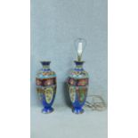 A pair of Meji Period Japanese cloisonné enamel vases, one converted into a lamp base. With dragon