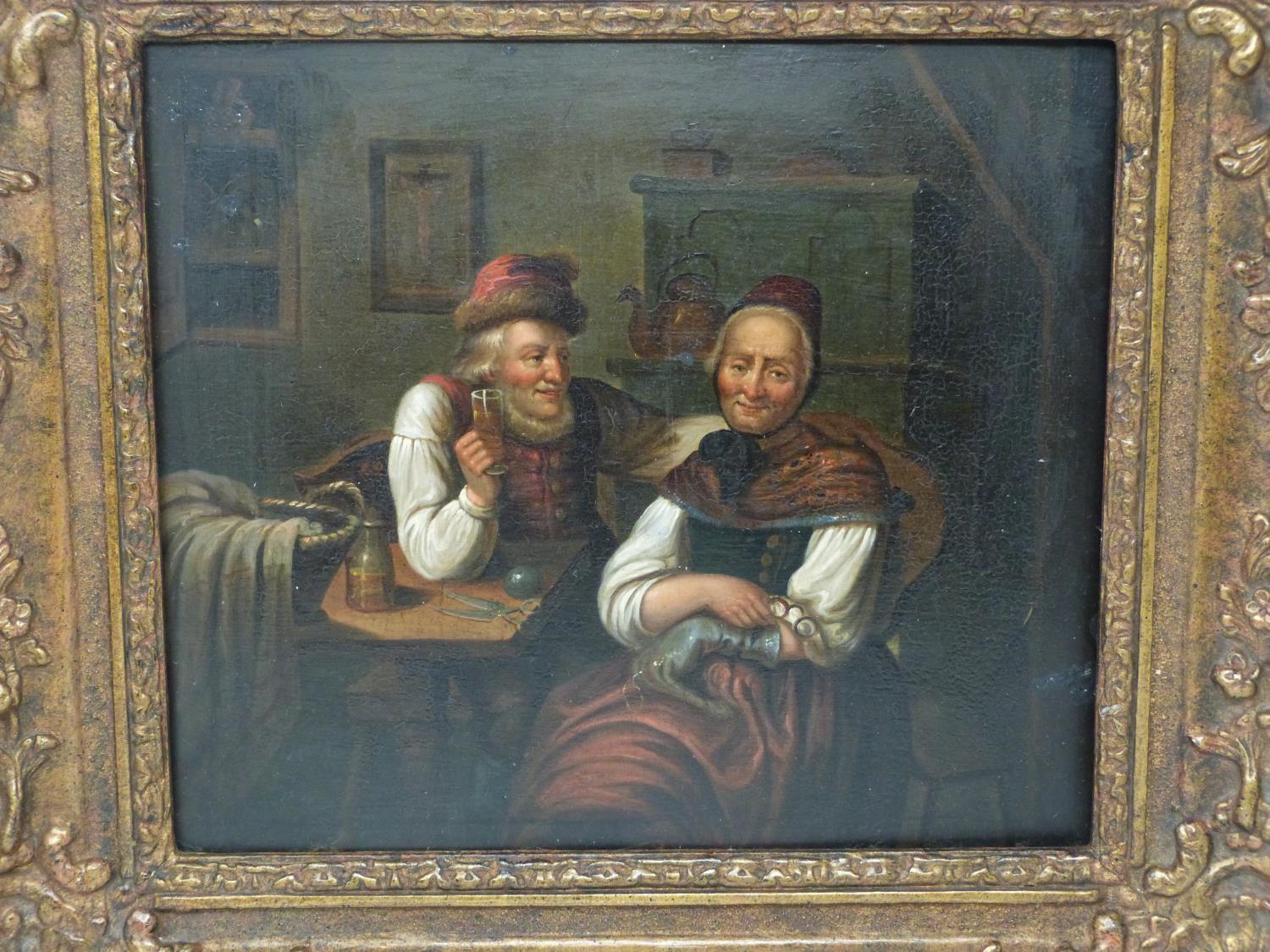 A pair of 19th century carved gilt wood framed Continental School oils on panel of a young couple in - Image 8 of 9