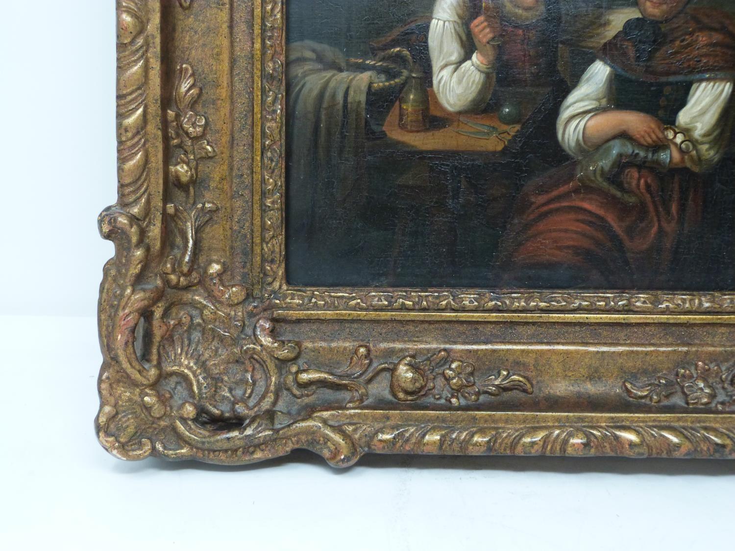 A pair of 19th century carved gilt wood framed Continental School oils on panel of a young couple in - Image 7 of 9