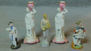 Five porcelain items. Including two antique hand painted porcelain Chelsea style figures, a Royal