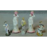 Five porcelain items. Including two antique hand painted porcelain Chelsea style figures, a Royal