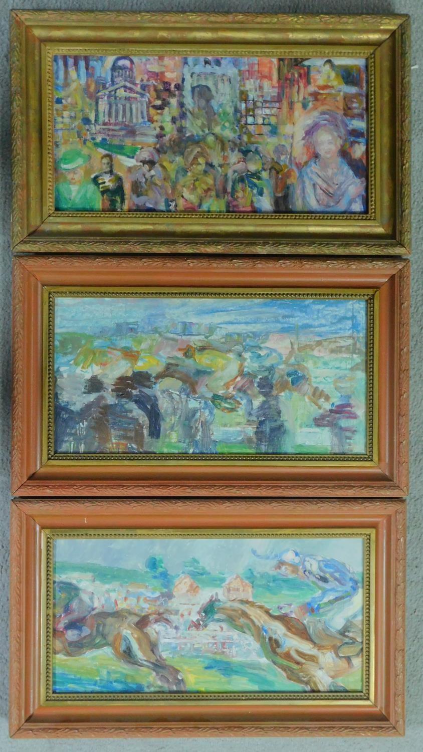 A set of three framed oils on board, horseracing and people in a city. 48x29cm