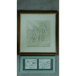 Two framed and glazed pencil sketches three figures and a pair of landscapes, one monogrammed B.N.