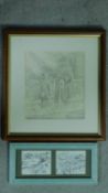 Two framed and glazed pencil sketches three figures and a pair of landscapes, one monogrammed B.N.