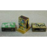 Three vintage Japanese Cloisonné enamel match box covers. One depicting a dragon on a pale yellow