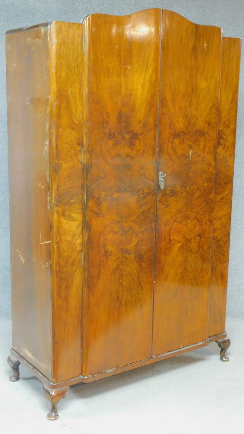 A mid 20th century Art Deco style figured walnut wardrobe on cabriole supports. H.196 W.125 D.55cm - Image 2 of 10