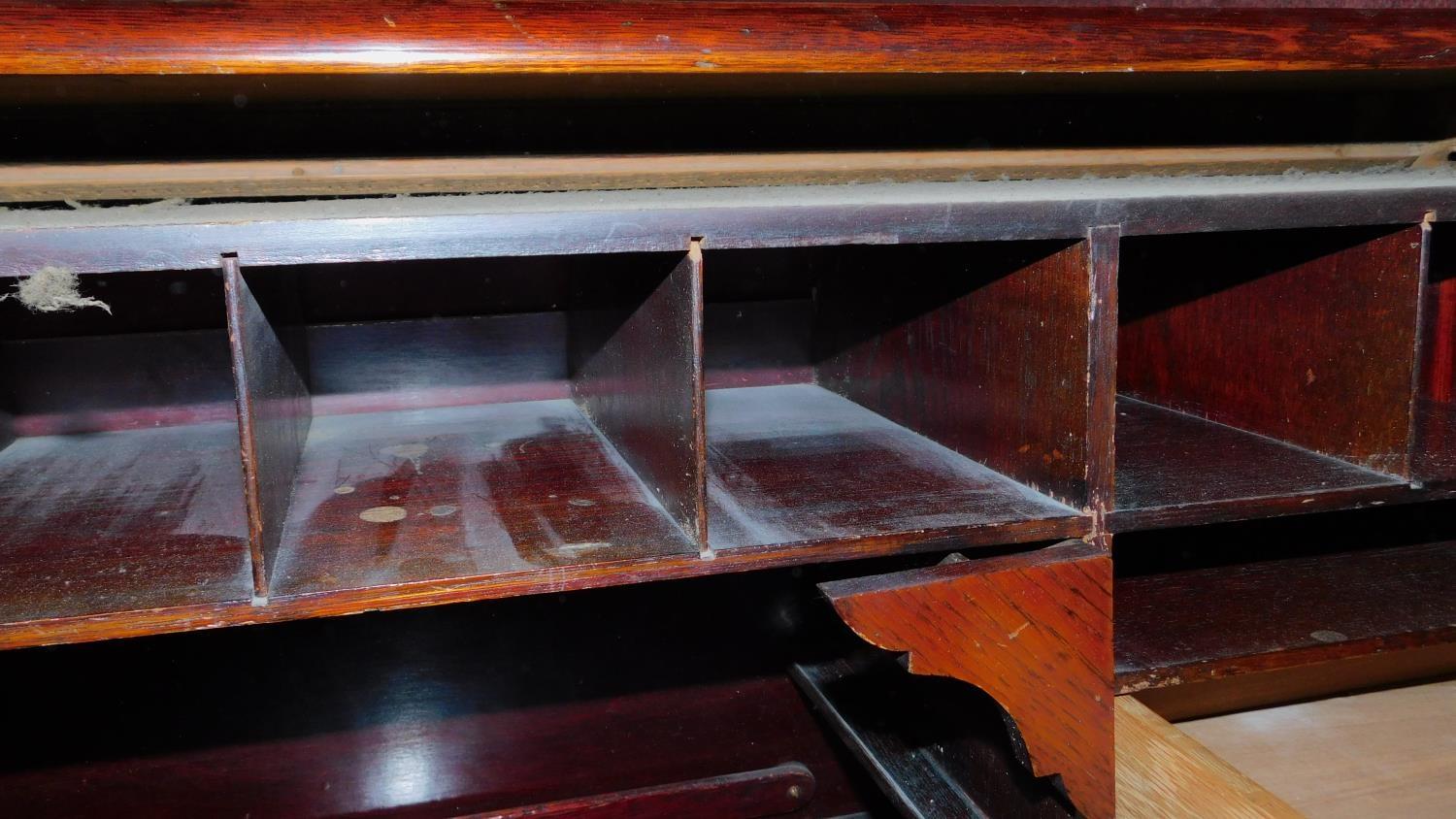 A late 19th century oak roll top desk with tambour shutter and fitted interior on twin pedestal base - Image 6 of 7