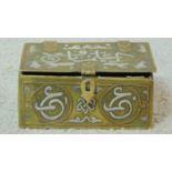 An antique Cairoware box with wooden interior and decorated with Egyptian writing and scrolling