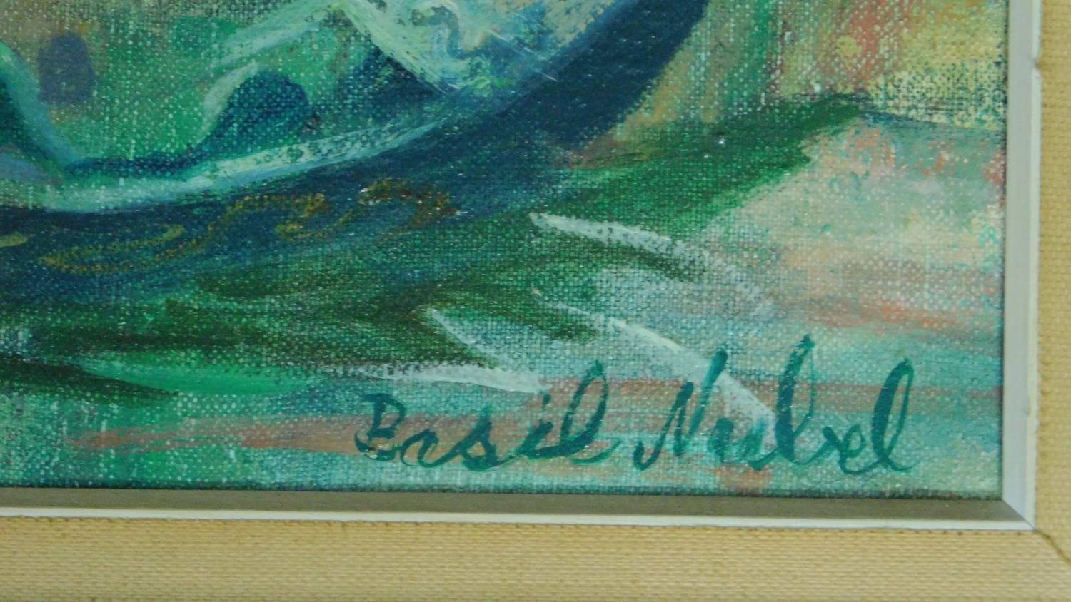 Basil Nubel (British, 1923-1981) Framed oil on canvas, Venetian scene, gallery label verso, - Image 3 of 5