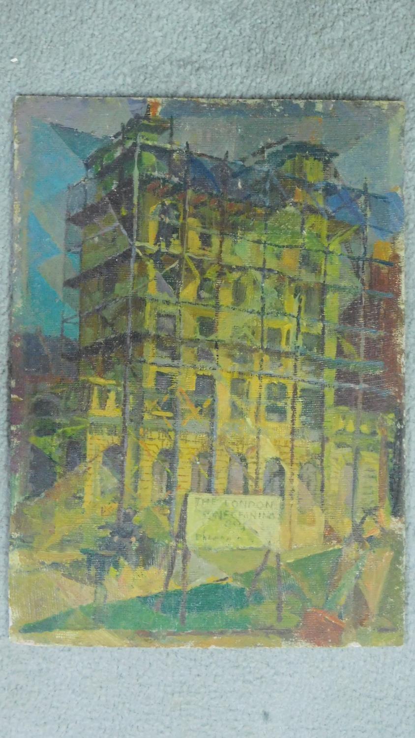 Basil Nubel (British, 1923-1981) Oil on board, building behind scaffolding, signed to verso. 37x27cm - Image 2 of 3