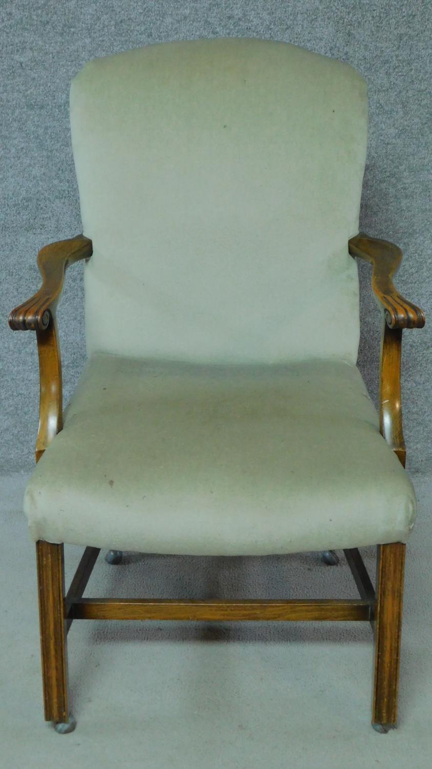 A mid 20th century Georgian style beech framed armchair in jade upholstery on square stretchered - Image 2 of 4