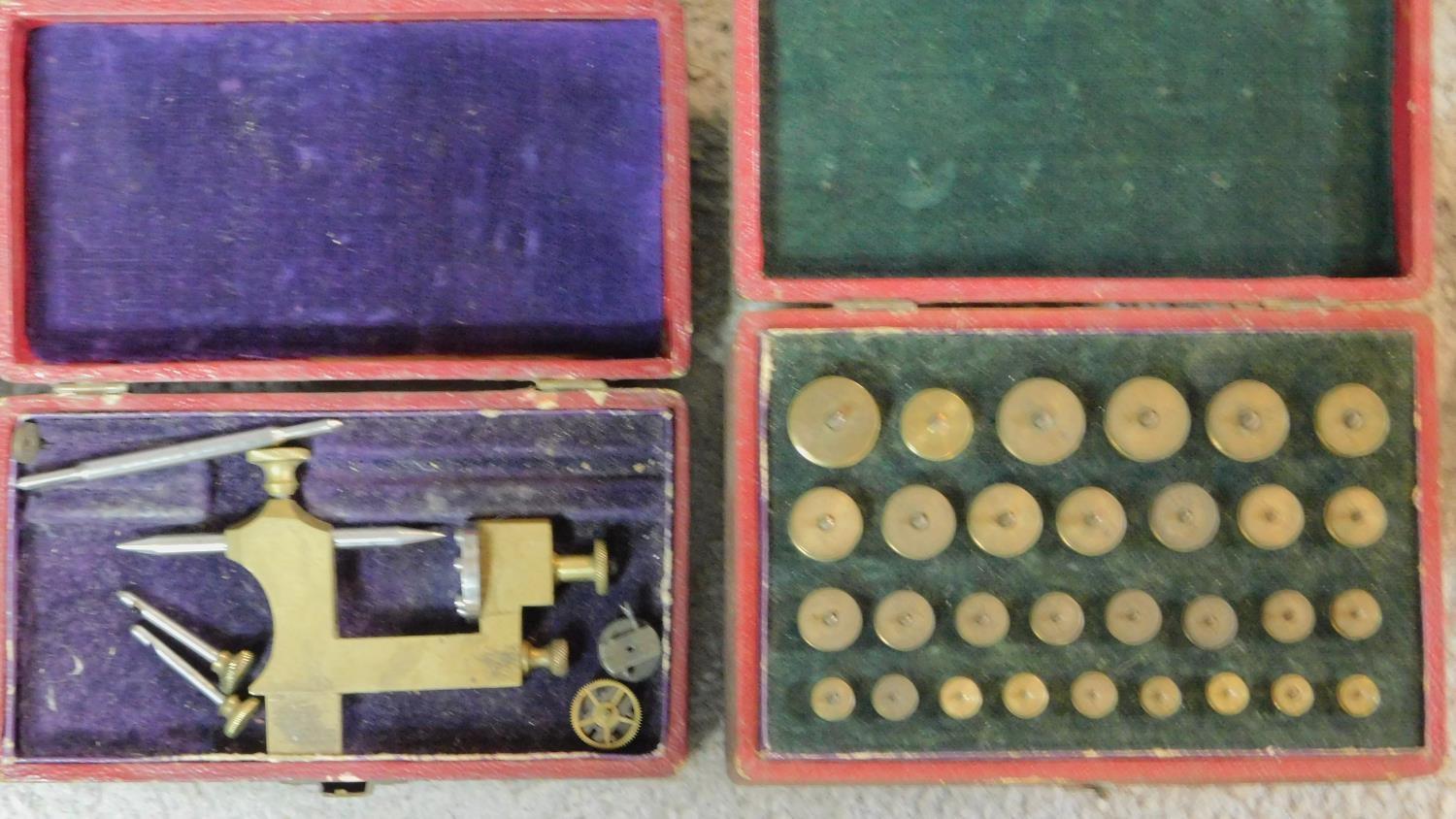 A collection of leather cased antique brass watch makers tools, clamps and engraving implements. J - Image 3 of 9