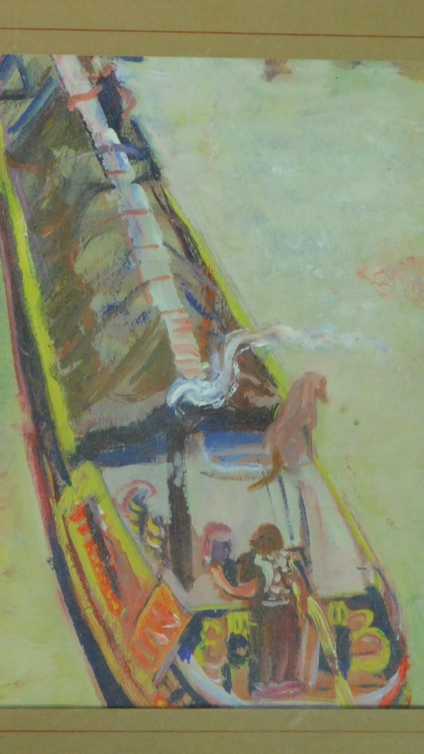 George Manchester (British 1922-1996) Framed oil on board, narrow boat, monogrammed. 39x38cm