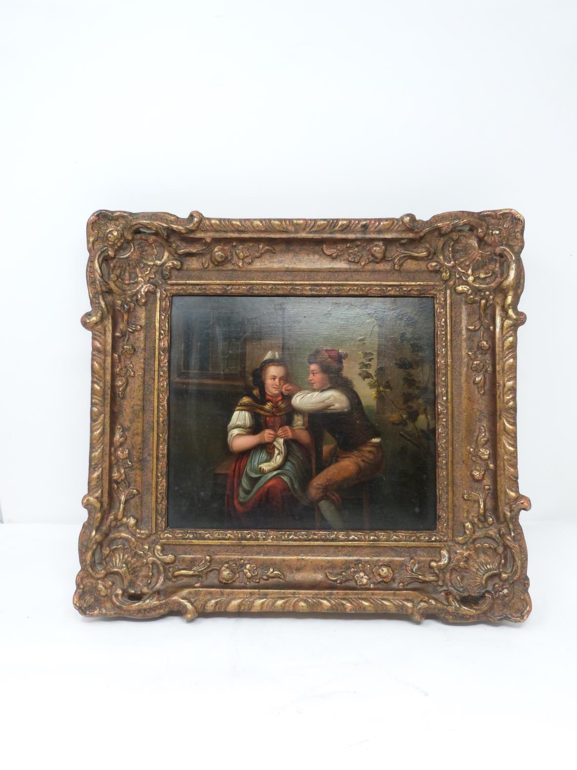 A pair of 19th century carved gilt wood framed Continental School oils on panel of a young couple in - Image 2 of 9