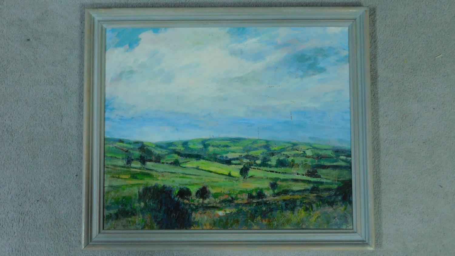 George Manchester (British 1922-1996) Framed oil on board, landscape, monogrammed. 57x67cm - Image 2 of 4