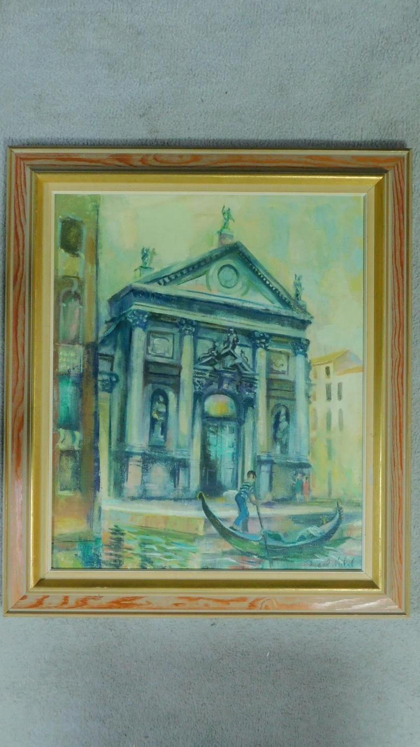 Basil Nubel (British, 1923-1981) Framed oil on canvas, Venetian scene, gallery label verso, - Image 2 of 5