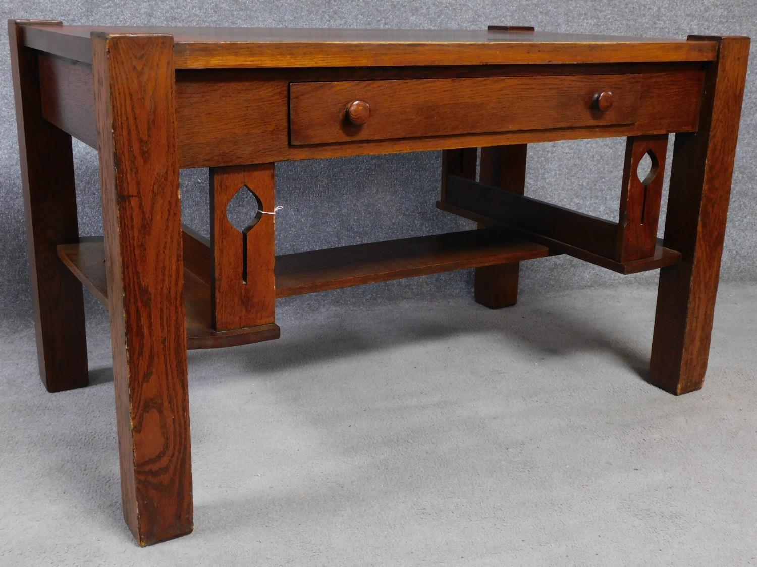 An American Arts and Crafts Mission style oak desk. Fitted with central frieze draw with book - Image 2 of 6