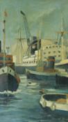 A framed oil on board, ships in port, signed by Howard Brooke. 54x65cm