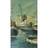 A framed oil on board, ships in port, signed by Howard Brooke. 54x65cm