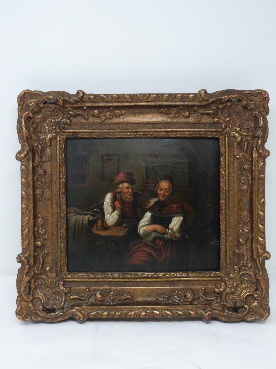 A pair of 19th century carved gilt wood framed Continental School oils on panel of a young couple in - Image 6 of 9