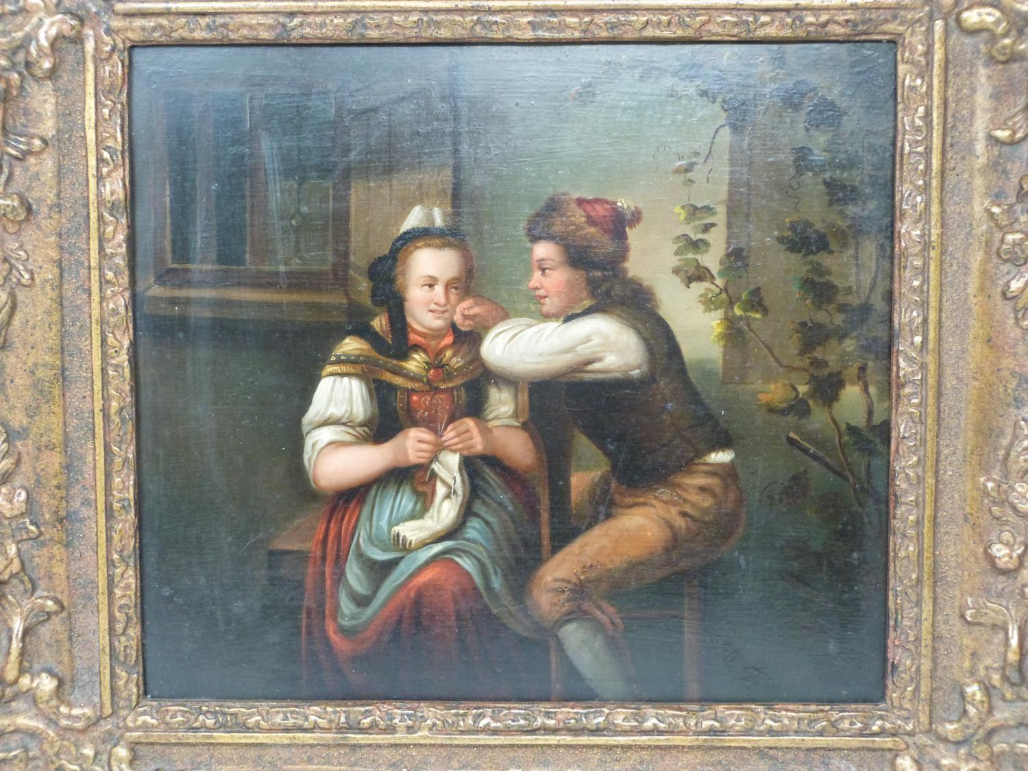 A pair of 19th century carved gilt wood framed Continental School oils on panel of a young couple in - Image 3 of 9