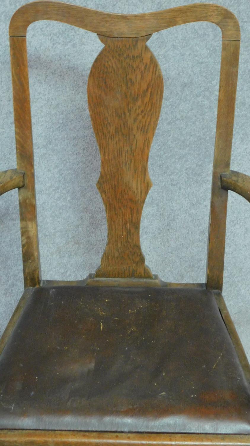 A pair of Edwardian oak armchairs with leather drop in seats on cabriole supports. H.103cm - Image 6 of 6