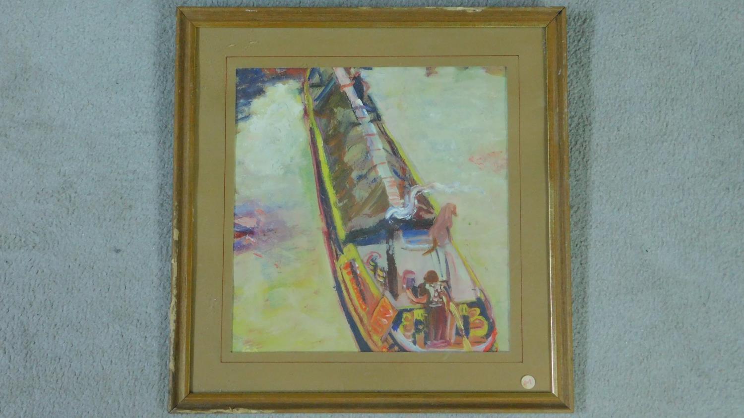George Manchester (British 1922-1996) Framed oil on board, narrow boat, monogrammed. 39x38cm - Image 2 of 4