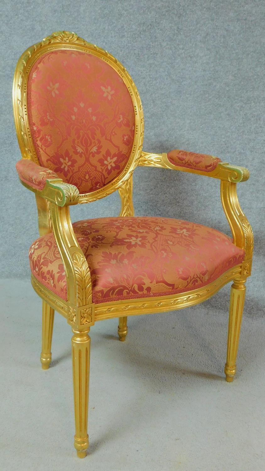 A gilt framed fauteuil in the Louis XVl style in floral rouge upholstery. H.104cm - Image 2 of 7