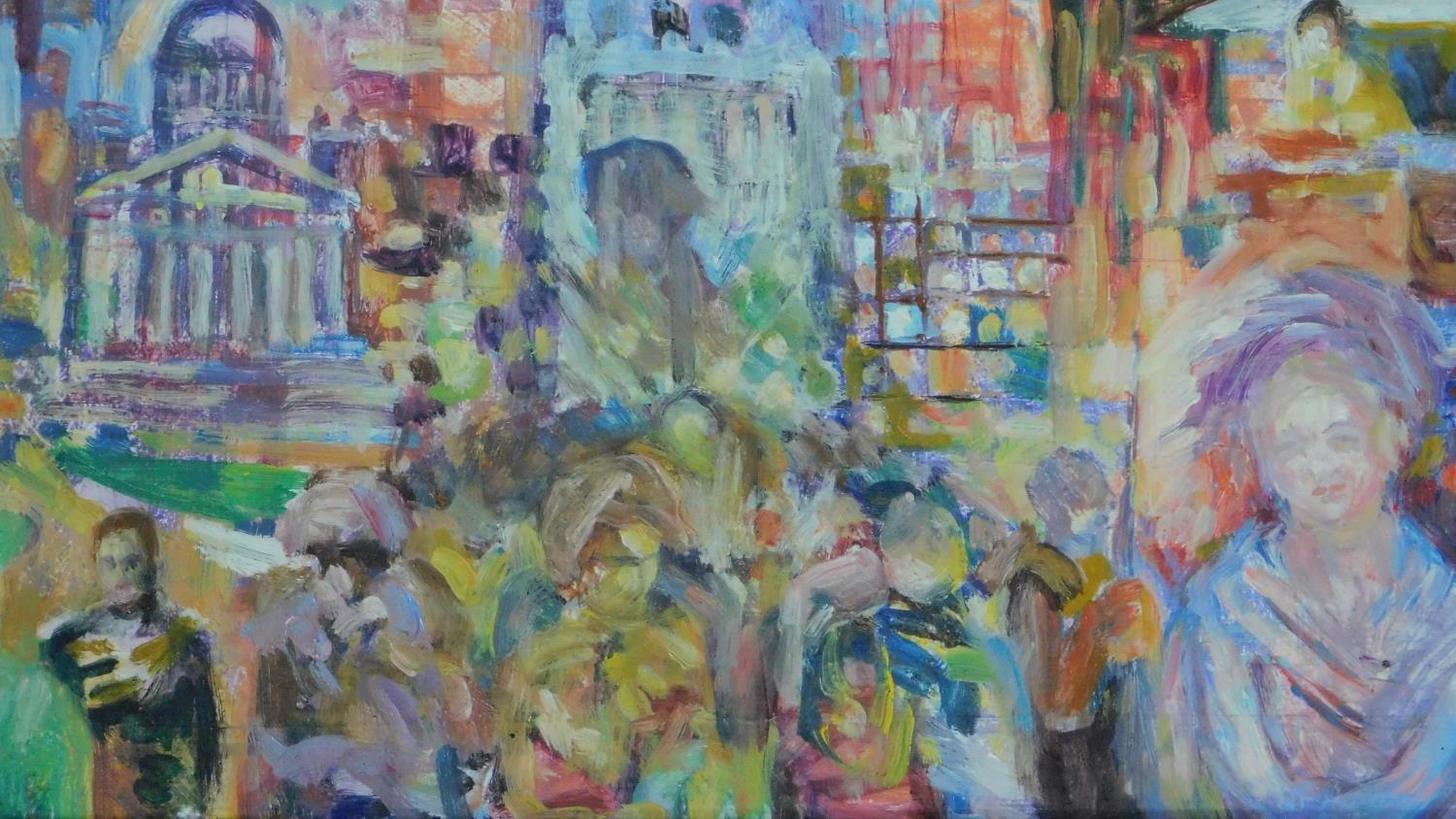 A set of three framed oils on board, horseracing and people in a city. 48x29cm - Image 2 of 6