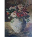 A large framed and glazed 20th century oil on canvas still life of flowers in a vase. Signed ?E.