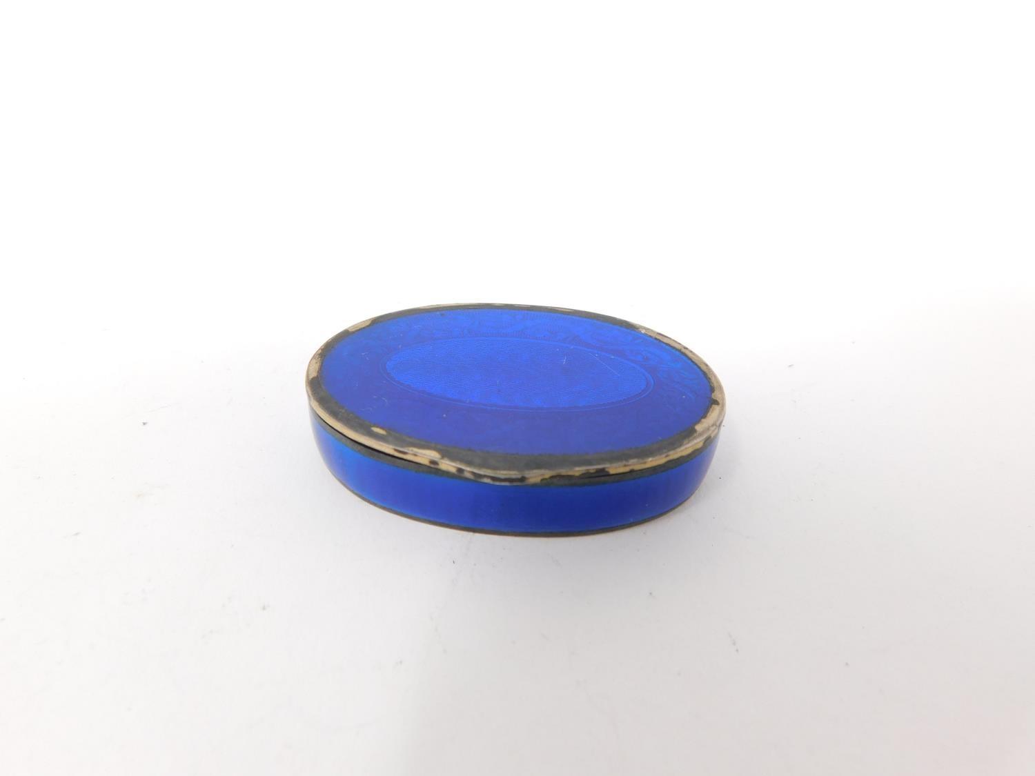 Two enamel boxes. One Continental silver royal blue guilloche enamel pill box with garland and - Image 5 of 15