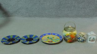 A collection of antique and vintage ceramics. Including a hand painted porcelain preserve jar with
