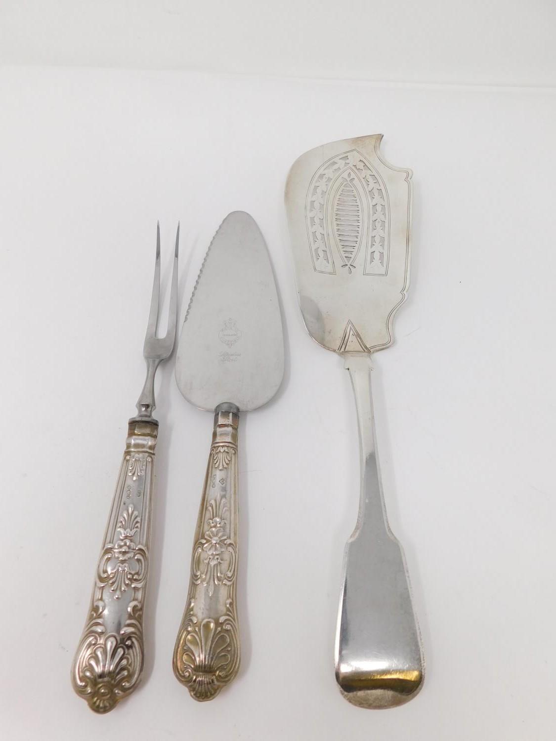 A collection of silver cutlery. Inlcuding a Georgian pierced foliate design fish slice,