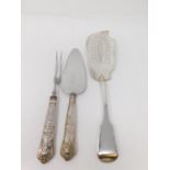 A collection of silver cutlery. Inlcuding a Georgian pierced foliate design fish slice,