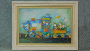 A large oil on canvas, child train drivers in the style of J. Roybal. 113x83cm