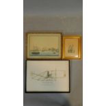 Three framed and glazed prints, boats by a port city, two ladies and 'Wright Flyer' schematics.