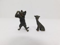 Two antique cast metal cats. One Bergman style Austrian cold painted miniature bronze cat with his