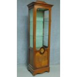 A Continental style walnut display cabinet with painted floral panel door enclosing glass shelves